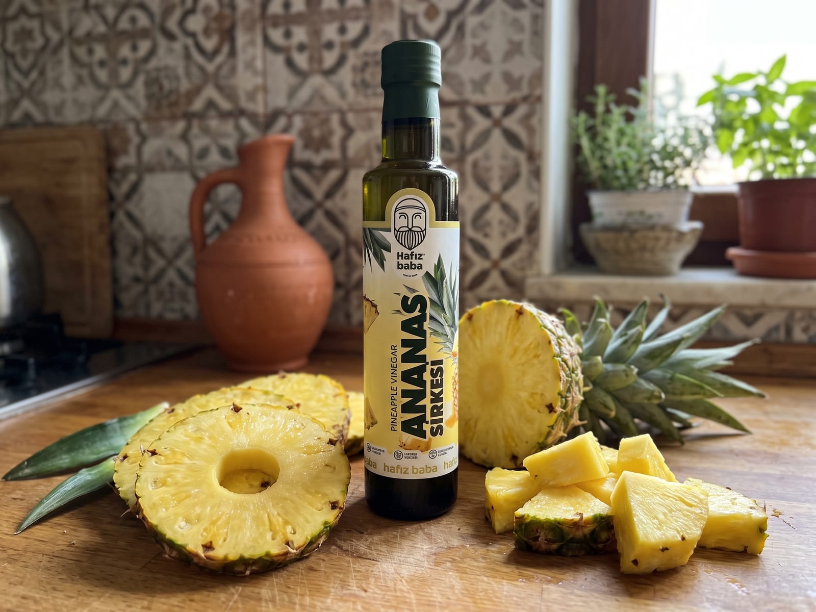 Ahşap tezgahta dilimlenmiş taze ananas meyveleri yanında duran Hafızbaba Doğal Ananas Sirkesi şişesi