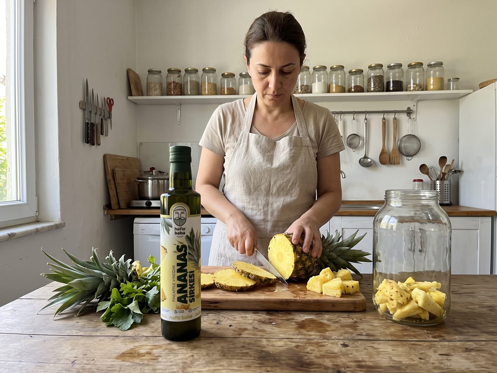 Mutfakta taze ananas dilimleyen kadın ve masada duran Hafızbaba Ananas Sirkesi şişesi ile cam kavanoz.