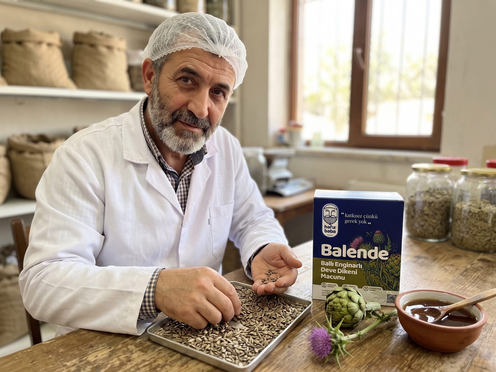 Hafızbaba Balende macunu kutusu yanında tohum inceleyen usta, taze enginar, deve dikeni çiçeği ve bal kasesi.