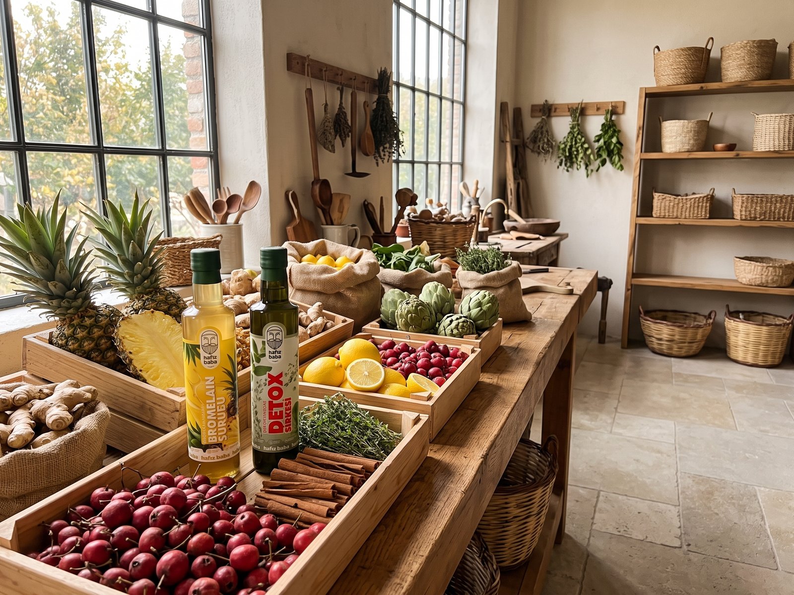 Ahşap tezgâhta Hafızbaba Bromelain Şurubu, Detox Sirkesi, ananas, zencefil, limon, alıç ve taze bitkiler.
