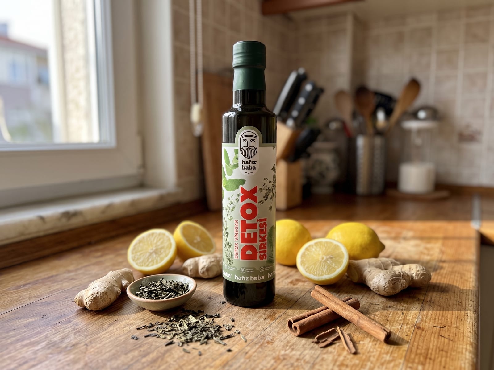 Ahşap tezgahta Hafızbaba Detox Sirkesi şişesi, etrafında kesilmiş limonlar, zencefil, çubuk tarçın ve yeşil çay yaprakları.