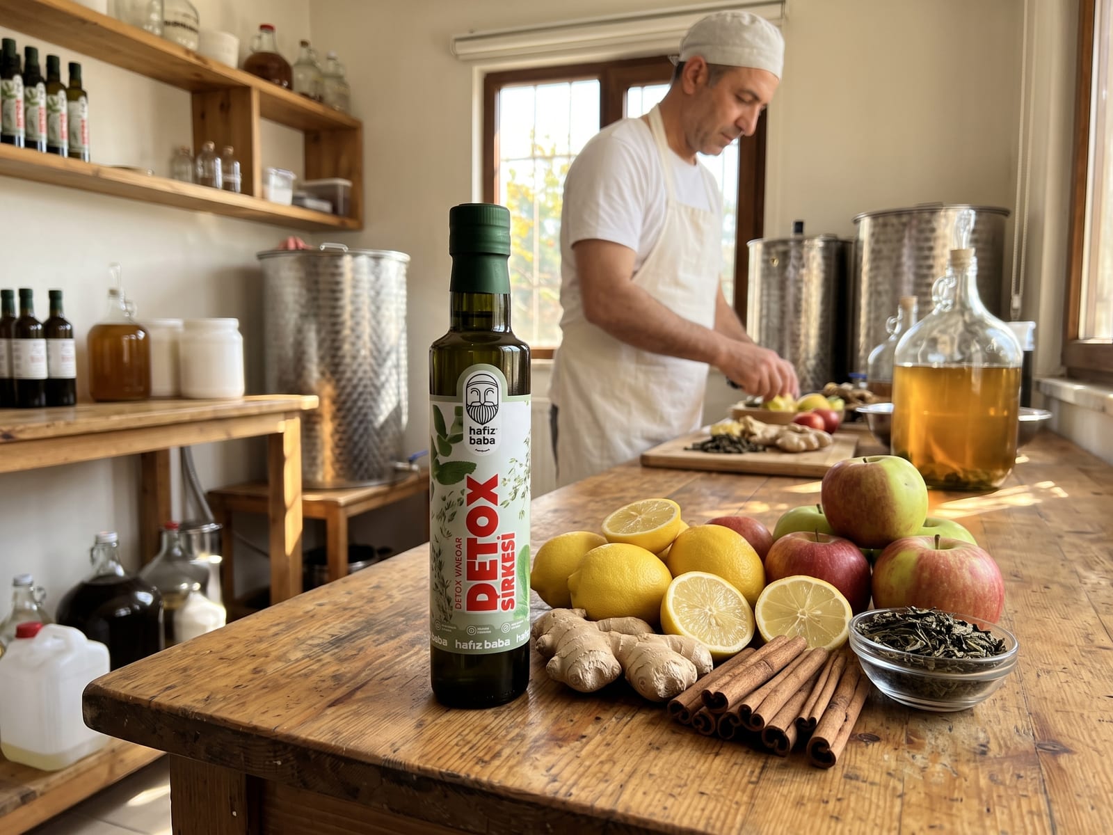 Ahşap masada Hafızbaba Detox Sirkesi şişesi, taze limon, elma, zencefil, tarçın çubukları ve üretim alanında usta.