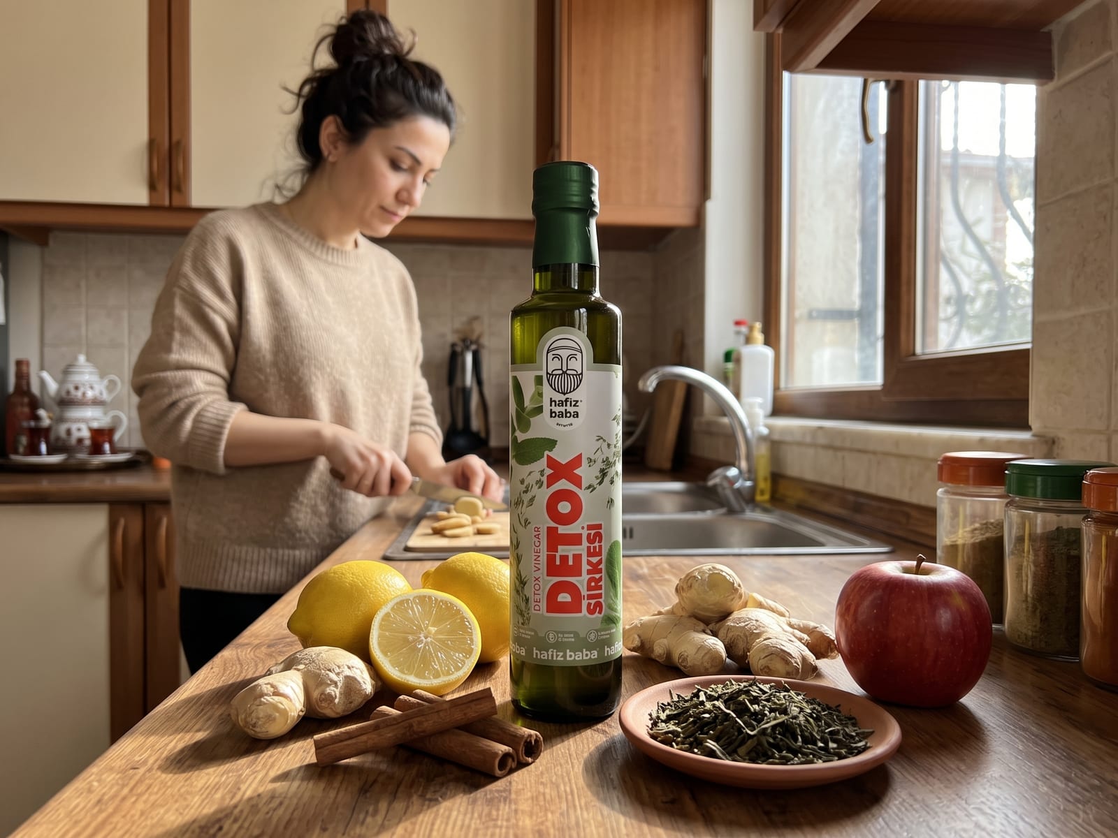 Mutfak tezgahında limon, zencefil, tarçın ve elma yanında duran Hafızbaba Detox Sirkesi şişesi.
