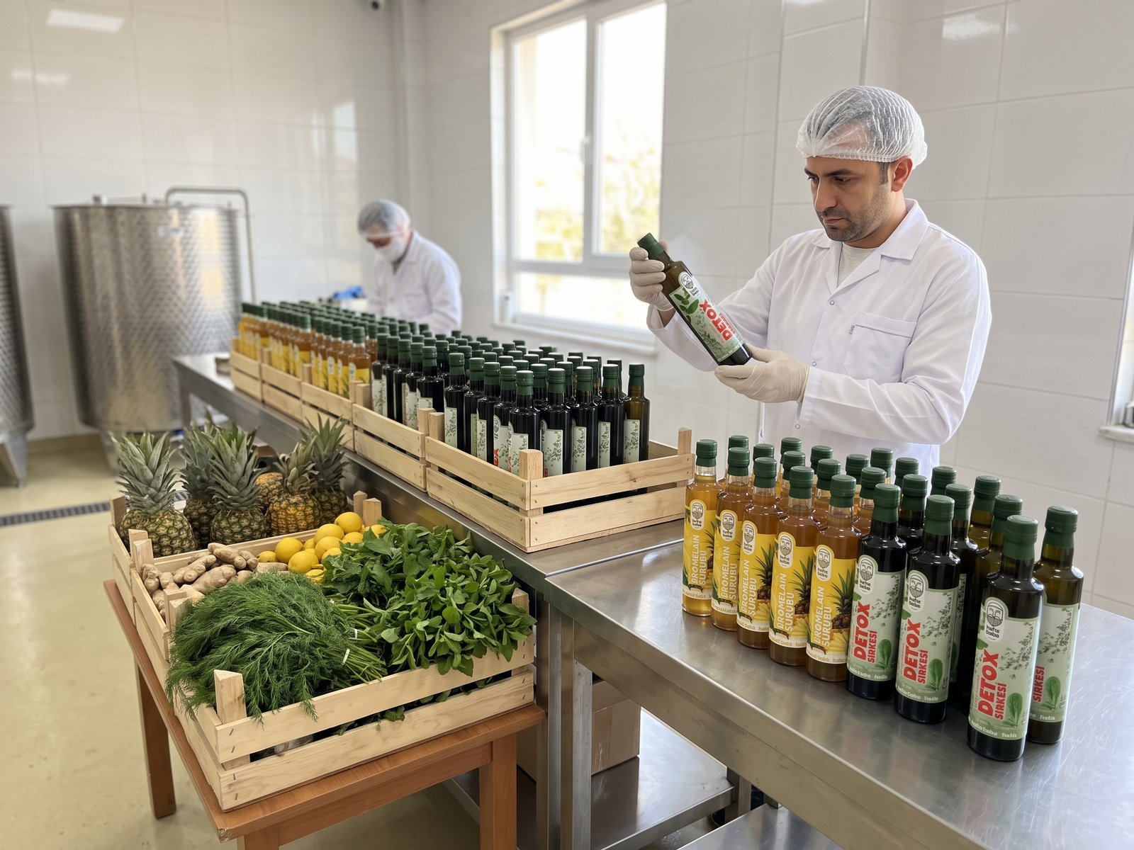 Üretim alanında taze bitki ve meyvelerin yanında şişelenmiş sirke ve bromelain şuruplarını kontrol eden çalışan.
