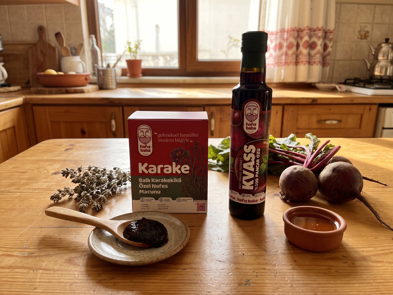 Ahşap masada Hafızbaba Karake macun kutusu, kaşıkta koyu macun, Kvass şişesi, taze pancar ve kekik dalları.