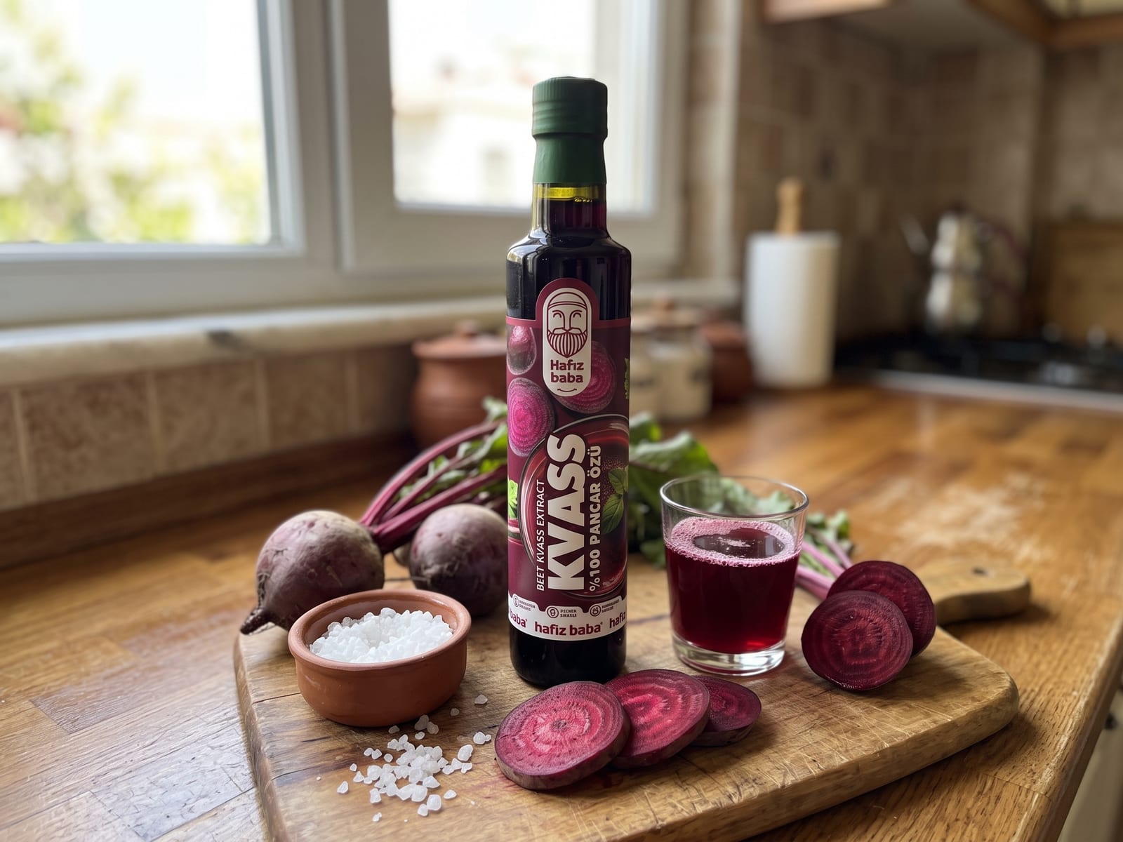 Ahşap tezgahta Hafızbaba Kvass şişesi, bardakta pancar kvass içeceği, taze pancar dilimleri ve kaya tuzu.