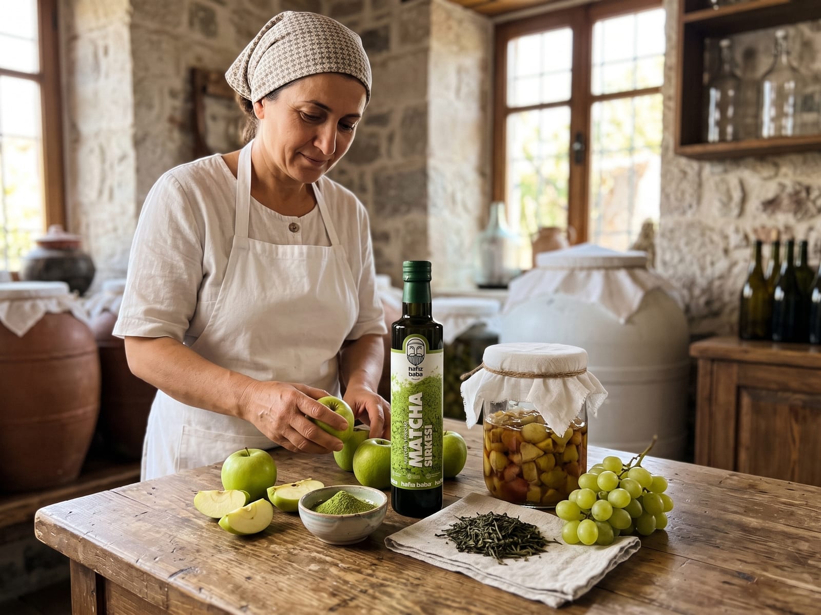 Ahşap masada yeşil elmalar, matcha tozu ve fermantasyon kavanozu yanında duran Hafızbaba Matcha Sirkesi şişesi.
