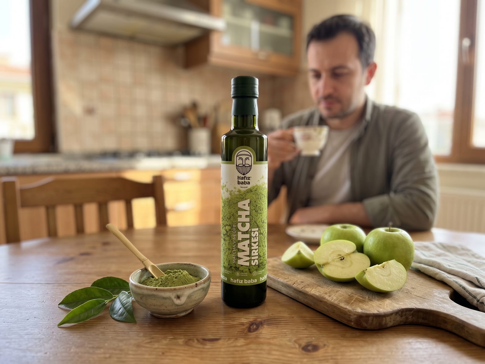 Mutfak masasında Hafızbaba Matcha Sirkesi şişesi, kasede yeşil çay tozu ve dilimlenmiş yeşil elmalar.