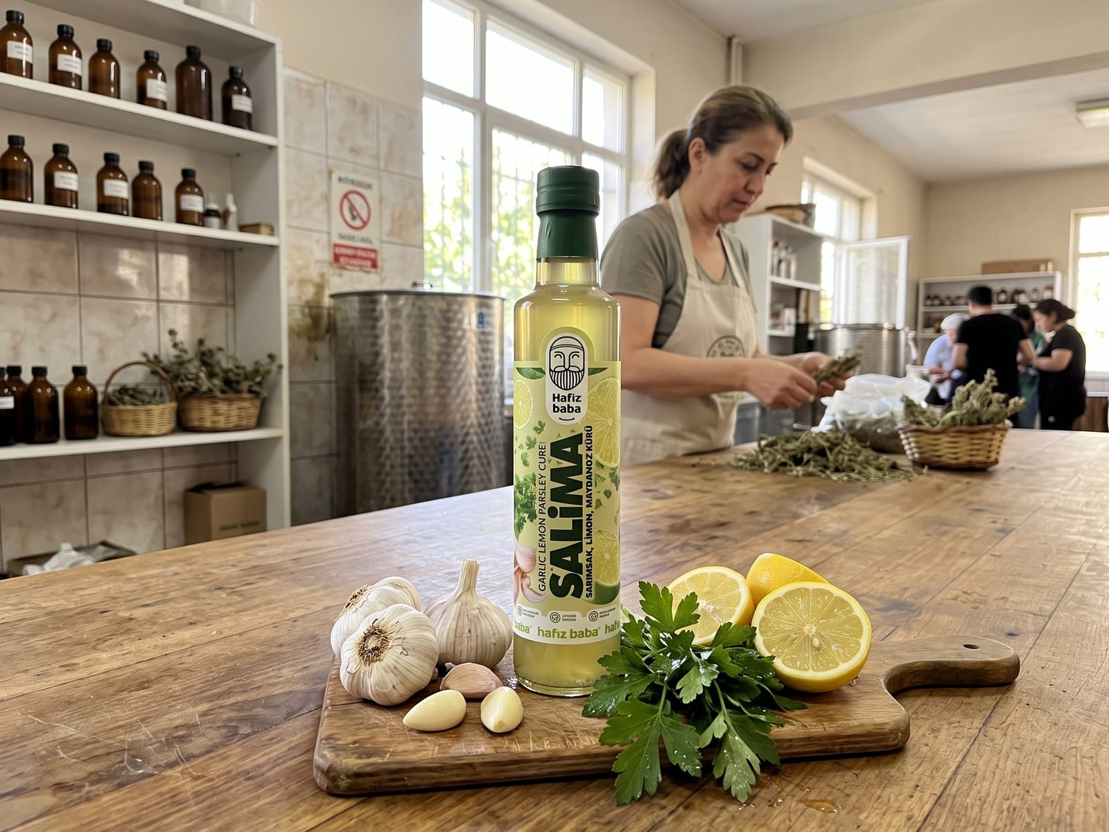 Hafızbaba Salima sarımsak limon maydanoz kürü şişesi ve üretim atölyesinde taze malzemeler
